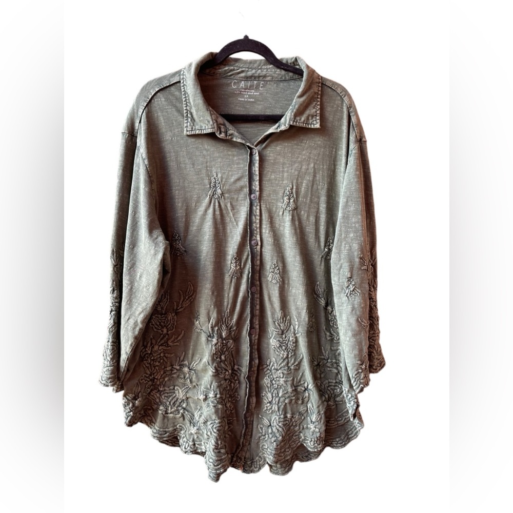CAITE Shirt Handmade with Heart and Soul Sz 1X Button Up Tunic Embroidered Top